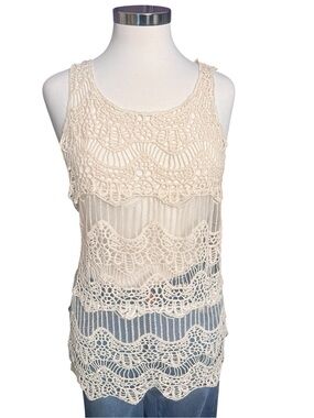 📦 Bohemian Beige Med 18” Crochet Open Knit Sheer Tank Top